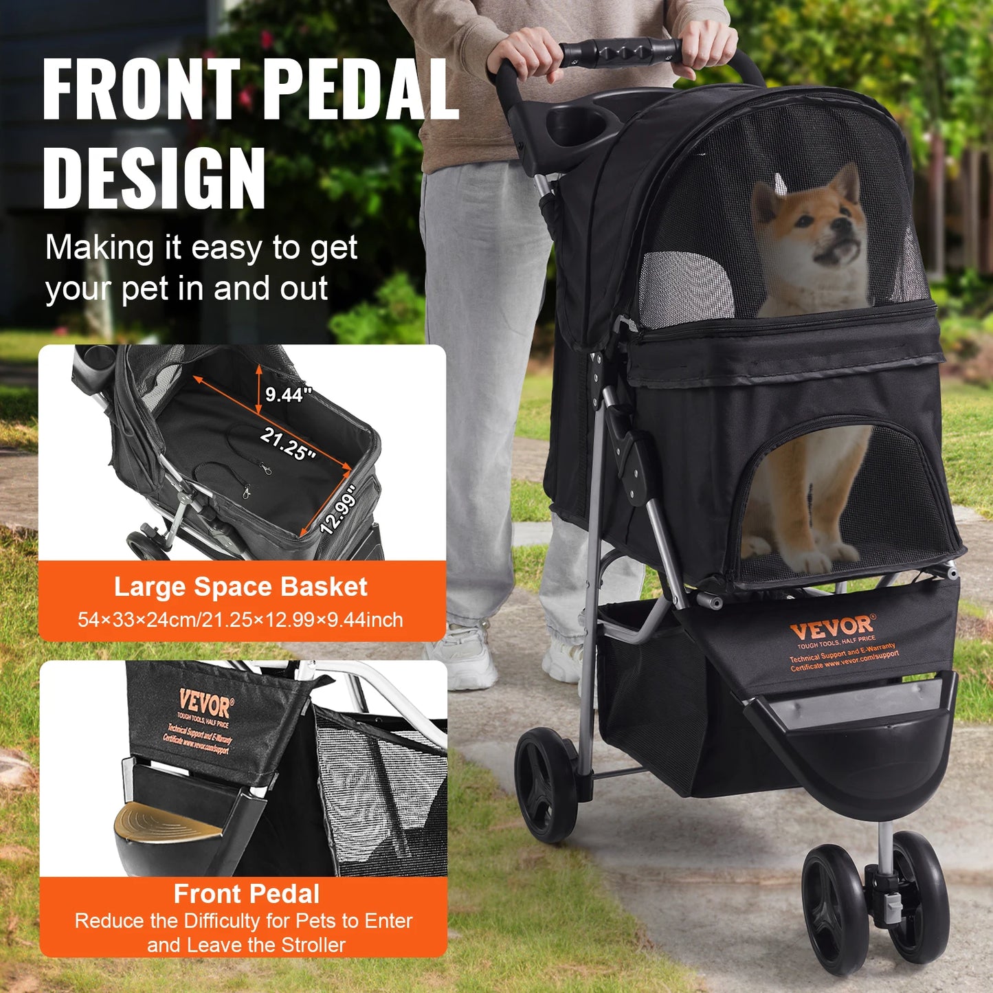 VEVOR 35lbs 3 Wheels Dog Stroller Rotate Black Pet Puppy Stroller with Front Pedal Storage Basket Cup Holder for Dogs and Cat Travel