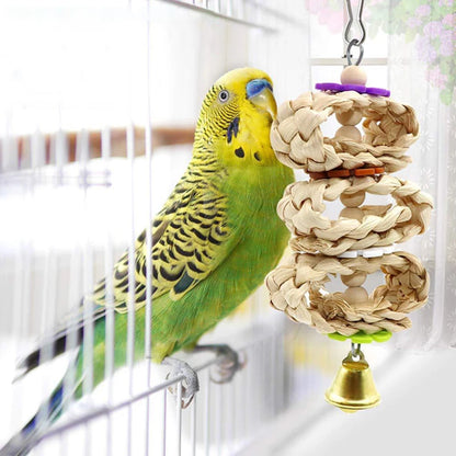 8 Packs Bird Parrot Swing Hanging Toy Natural Wood Bell Bird Cage Toys