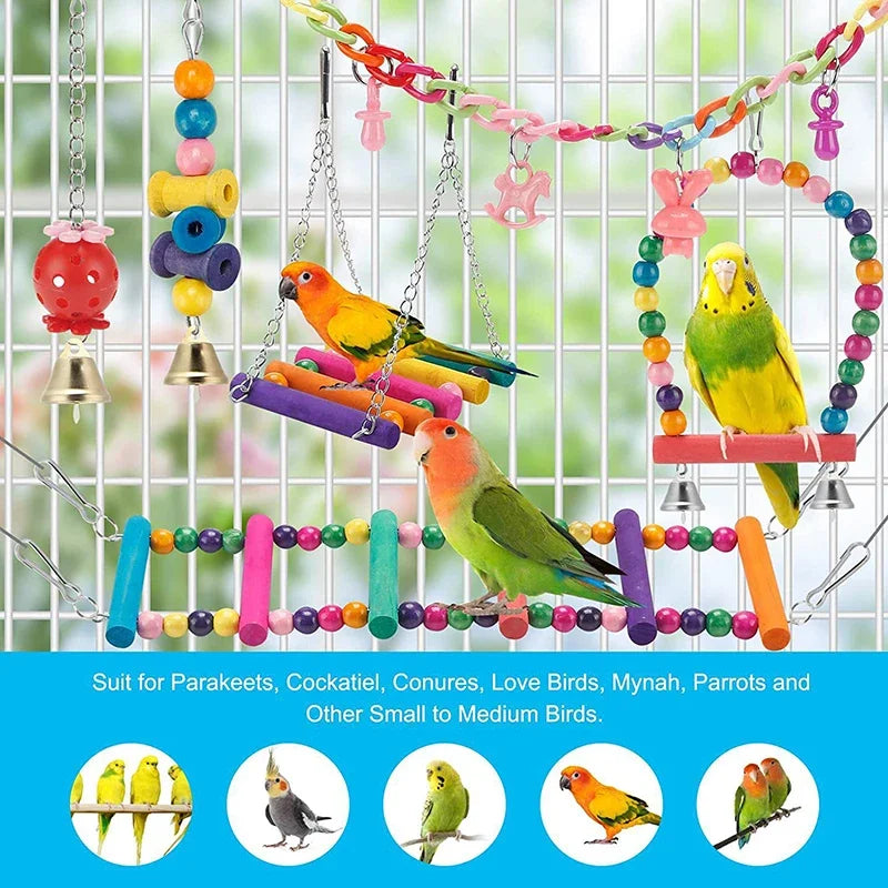 Bird Cage Toys for Parrots Wood Birds Swing Reliable Chewable Bite Bridge Wooden Beads Shape Parrot Toy