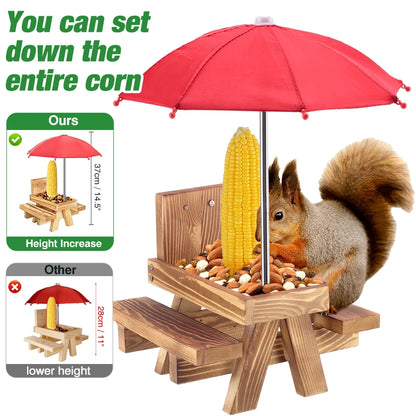 2024 Wooden Squirrel Feeder With Red Umbrella, Bird Squirrel Picnic Table