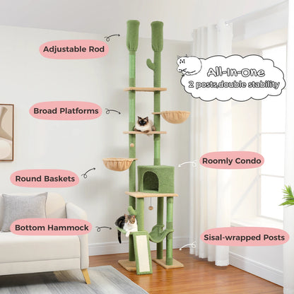 Cactus Cat Tree Floor to Ceiling Cat Tower with Adjustable Height 216-285CM 7 Tiers Climbing Tree with Cozy Hammocks and Condos