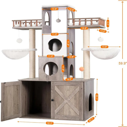 60 inch Cat Tree With Litter Box for Indoor Big Cat Tower for Large S 20 Lbs Heavy Duty Cats Trees Castle Towers