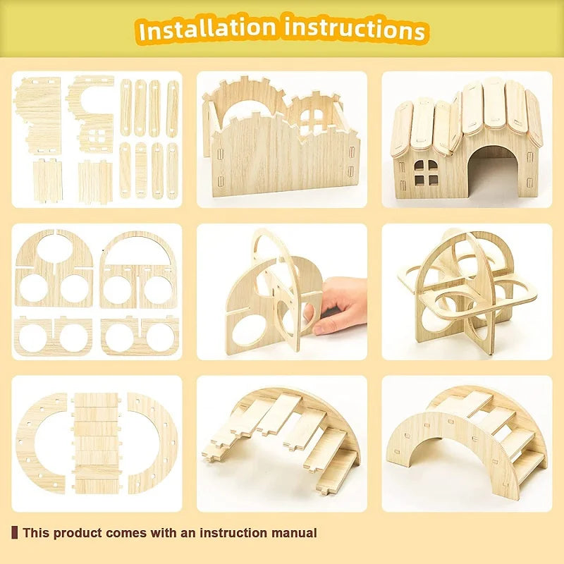 Pet Hamsters House DIY Wooden Gerbil Hideout Bridge Swing