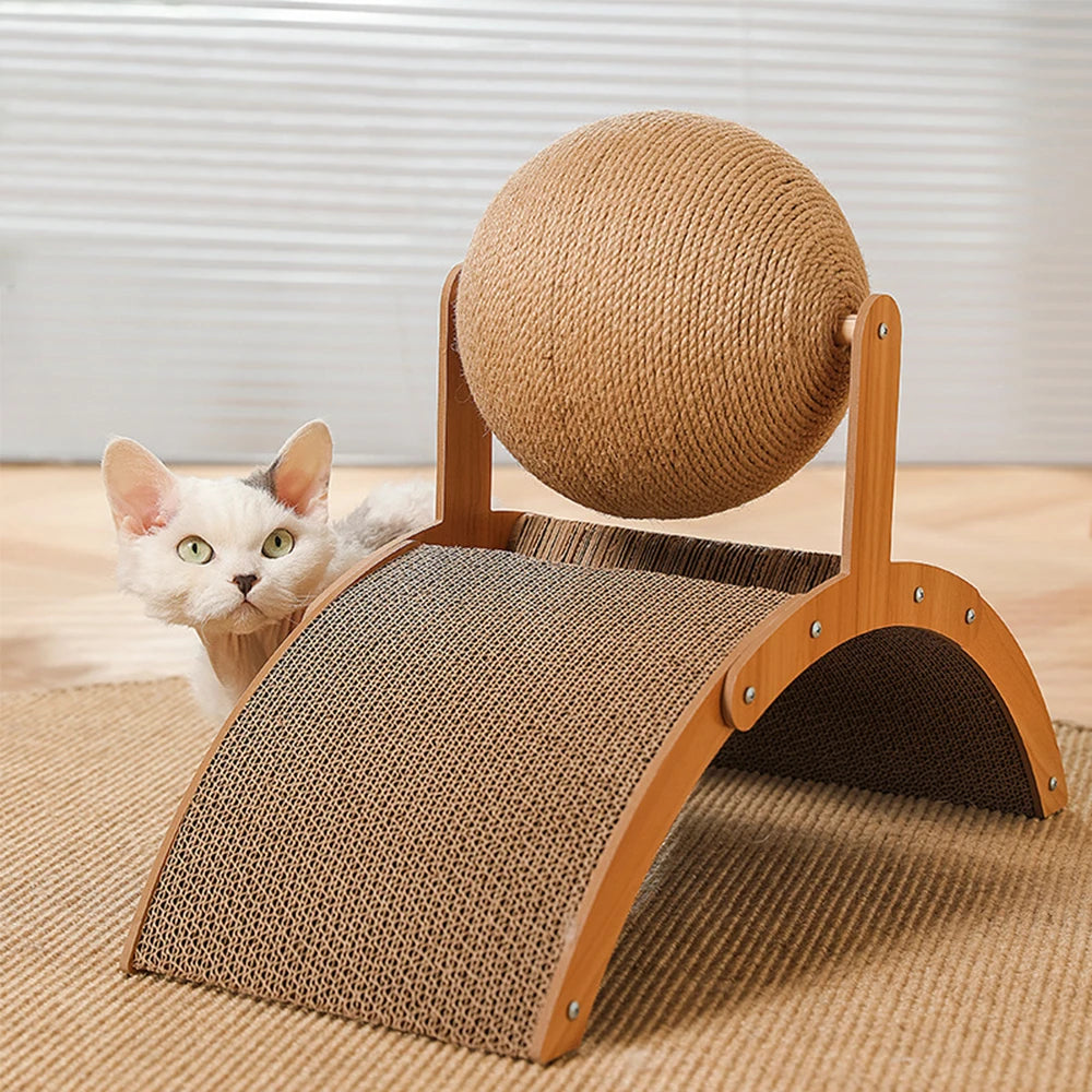 Cat Scraper Wooden Cat Scratcher Scratching Board 2 In 1 Wear-Resistant Grinding Paw Solid Wood Sisal Rope Ball