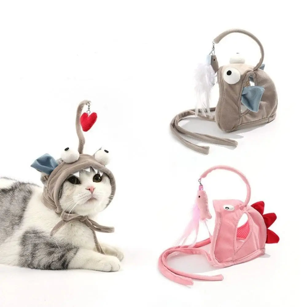 Cat Toys Cat Interactive Toys Kitten Fishing Headdress Hat Feathers Bait Fishing Head Covers