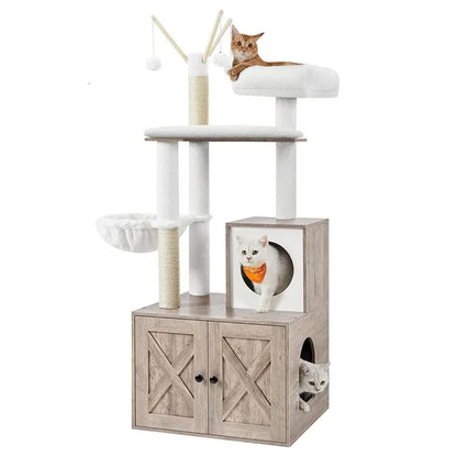 2-in-1 Modern Tower Cat Tree with Litter Box Furniture Hidden Enclosure