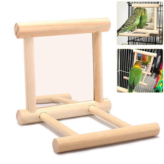 Bird Mirror Wooden Interactive Play Toy With Perch