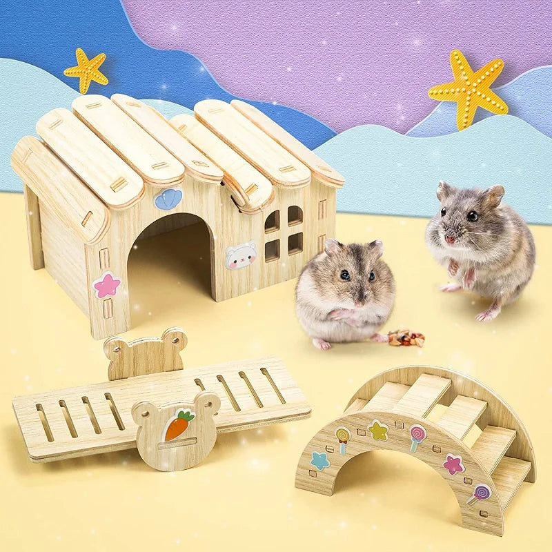 Pet Hamsters House DIY Wooden Gerbil Hideout Bridge Swing