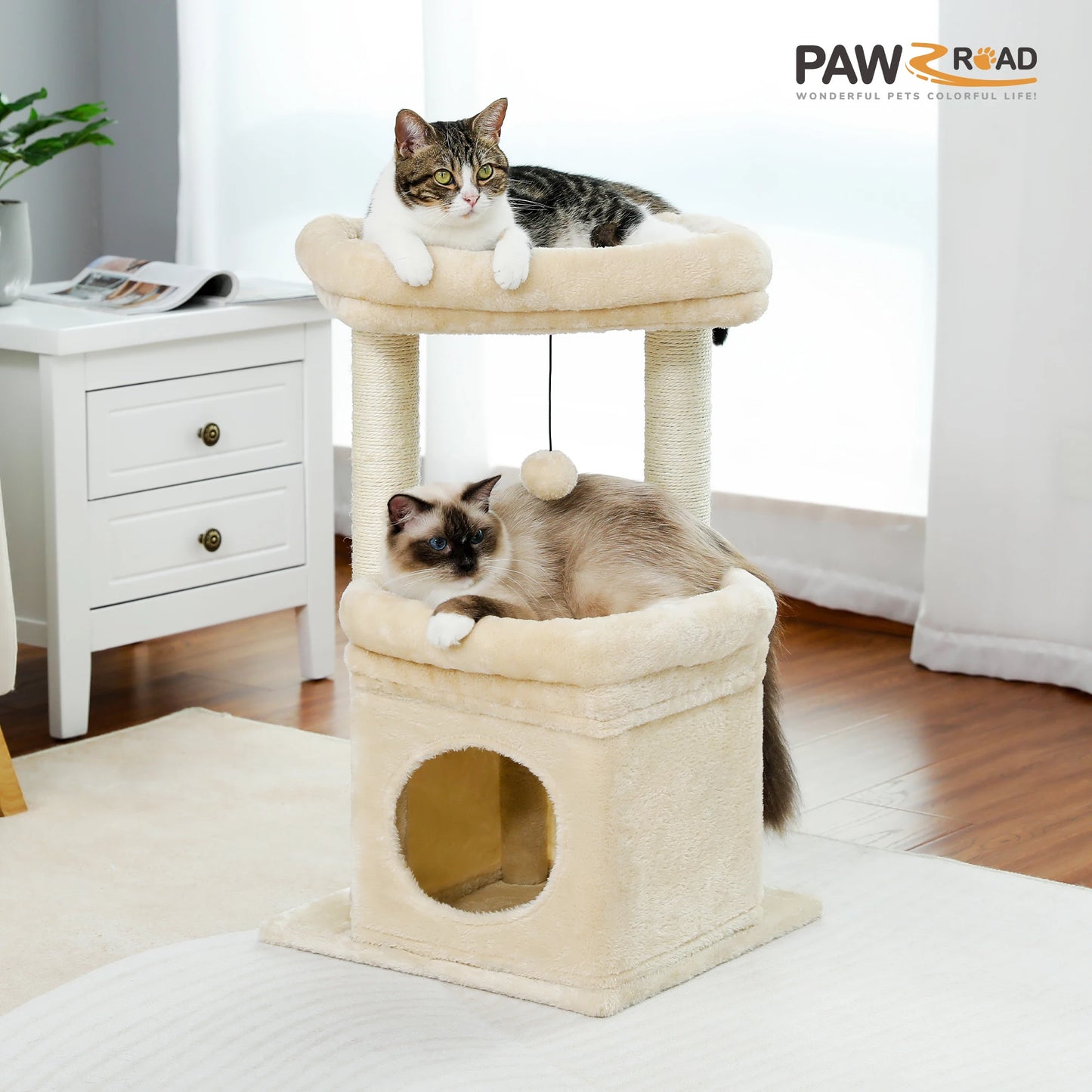 Small Cat Tree Condo with Hanging Ball Tower and Sisal Scratching Post