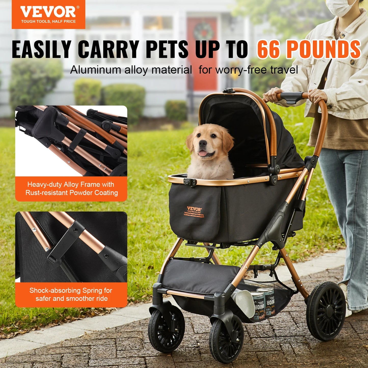 VEVOR 66 lbs Pet Stroller Foldable Dog Puppy Stroller with Brakes Storage Basket Detachable Carrier for Small to Medium Dogs