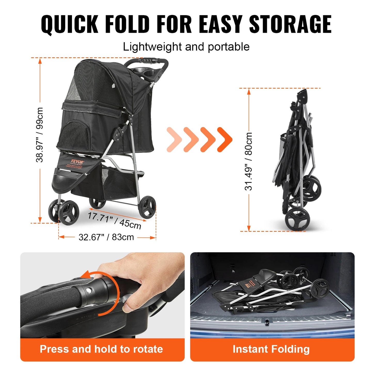 VEVOR 35lbs 3 Wheels Dog Stroller Rotate Black Pet Puppy Stroller with Front Pedal Storage Basket Cup Holder for Dogs and Cat Travel