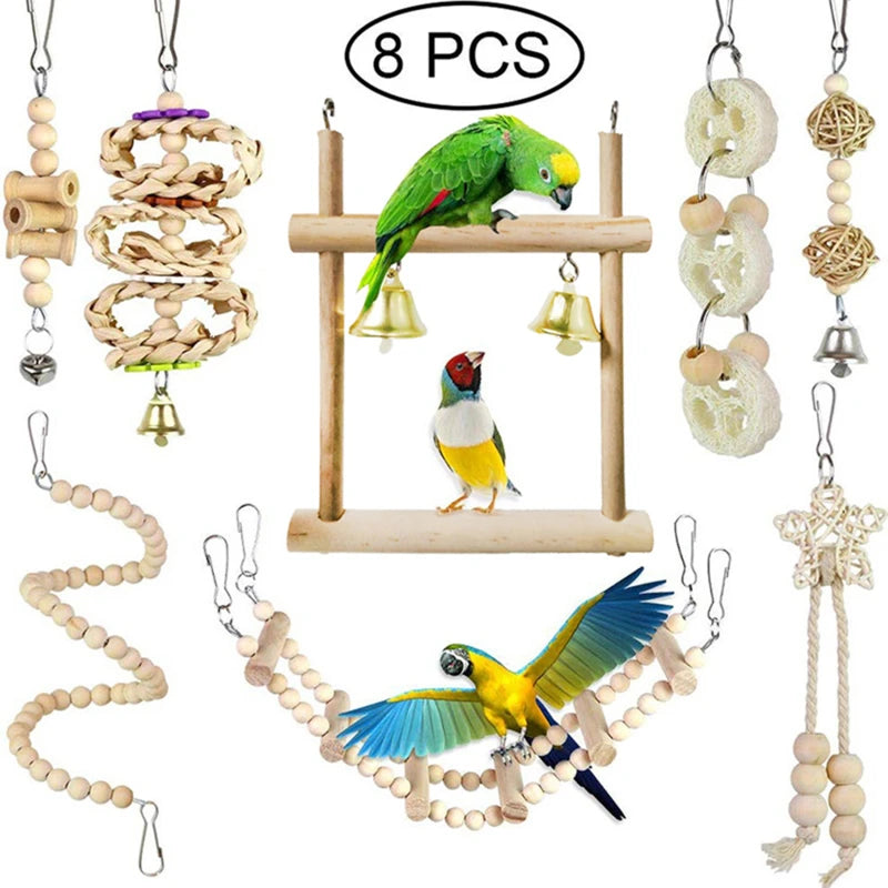 8 Packs Bird Parrot Swing Hanging Toy Natural Wood Bell Bird Cage Toys