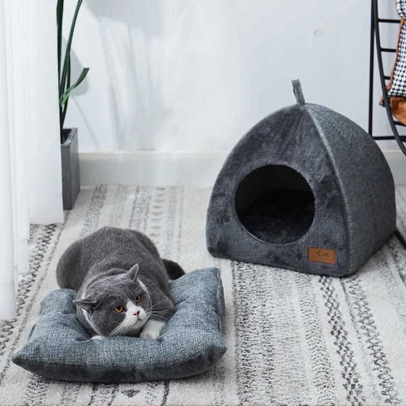 Cat Bed Warm Thicken Pet House Half Closed Soft Comfort Kitten And Puppy Nest