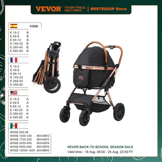 VEVOR 66 lbs Pet Stroller Foldable Dog Puppy Stroller with Brakes Storage Basket Detachable Carrier for Small to Medium Dogs