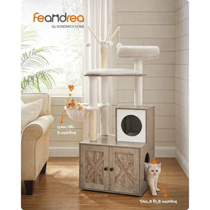 2-in-1 Modern Tower Cat Tree with Litter Box Furniture Hidden Enclosure