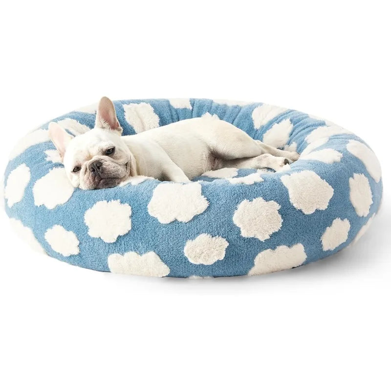 Small Dog Bed - Round Cat Beds for Indoor Cats Calming Pet Beds, Cute Modern Beds with Jacquard Shaggy Plush & Anti Slip Bottom