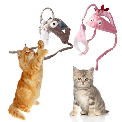 Cat Toys Cat Interactive Toys Kitten Fishing Headdress Hat Feathers Bait Fishing Head Covers