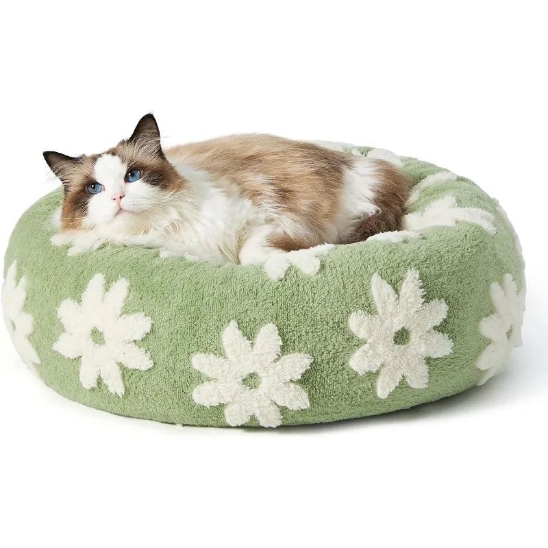 Small Dog Bed - Round Cat Beds for Indoor Cats Calming Pet Beds, Cute Modern Beds with Jacquard Shaggy Plush & Anti Slip Bottom