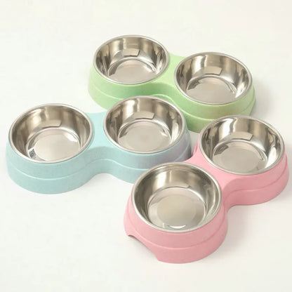 Double Pet Bowls Dog Food Water Feeder Stainless Steel