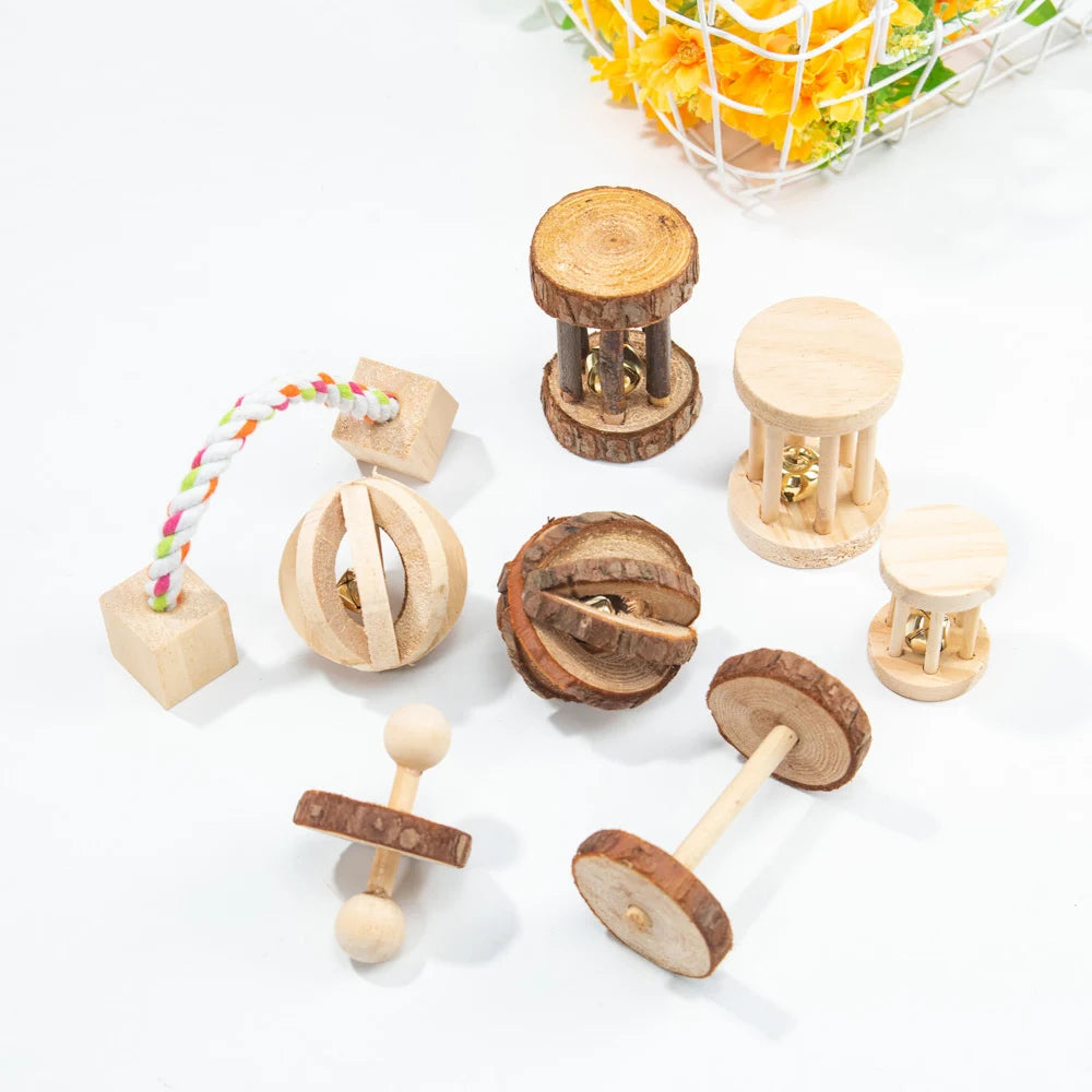 Cute Natural Wooden Rabbits Bell Roller Chew Toys