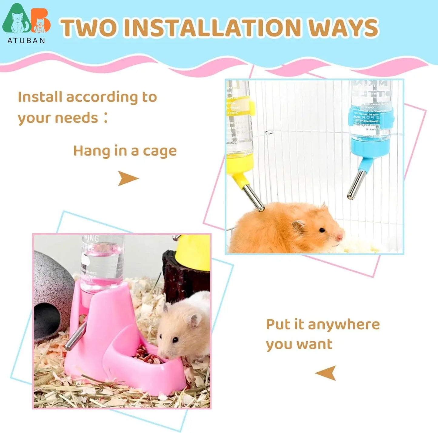 Hamster Pet Cage Water Bottle 80ml with Bracket, Waterproof Drop