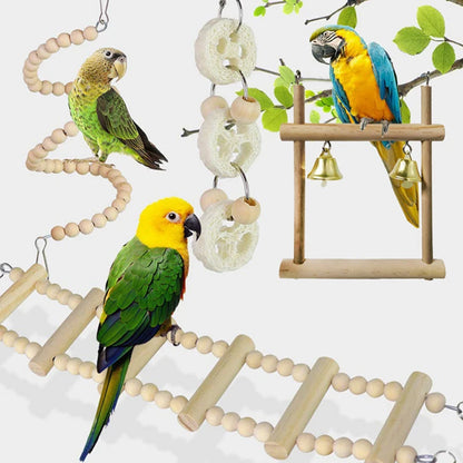 8 Packs Bird Parrot Swing Hanging Toy Natural Wood Bell Bird Cage Toys