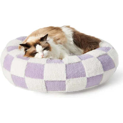 Small Dog Bed - Round Cat Beds for Indoor Cats Calming Pet Beds, Cute Modern Beds with Jacquard Shaggy Plush & Anti Slip Bottom