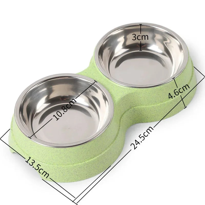 Double Pet Bowls Dog Food Water Feeder Stainless Steel