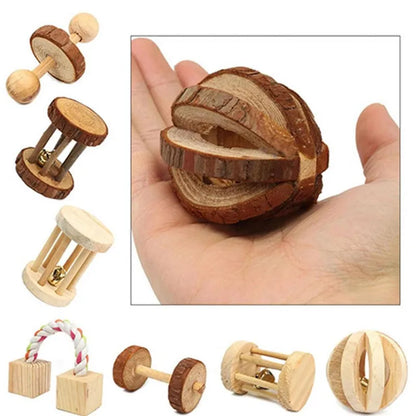 Natural Wooden Rabbit Roller Toy with Dumbbells, Bell, and Unicycle