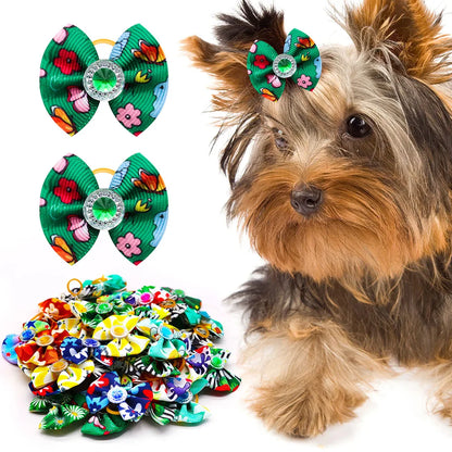 Summer Dog Hair Bows Dog Bows with Diamond Colorful Grooming Rubber Band for Small Dog Pet Girls Grooming Hair Accessories