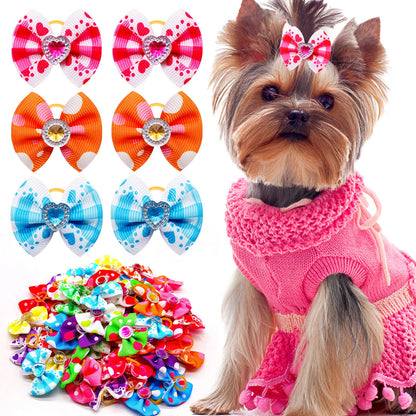 Summer Dog Hair Bows Dog Bows with Diamond Colorful Grooming Rubber Band for Small Dog Pet Girls Grooming Hair Accessories